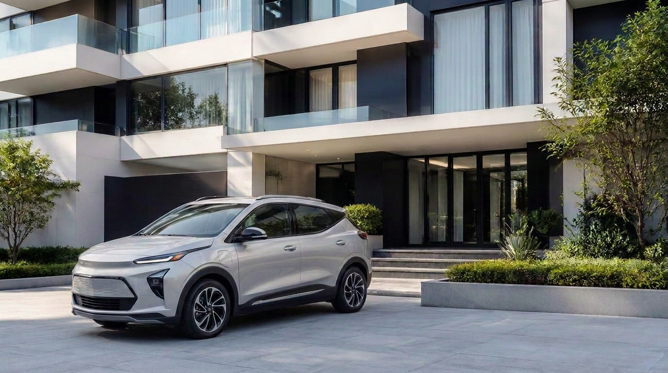 Carro elétrico estacionado em frente a um condomínio residencial moderno